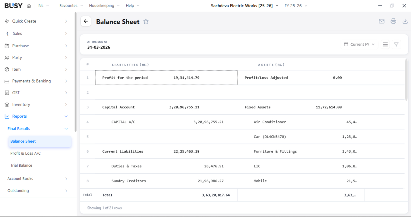 BUSY Accounting software screen