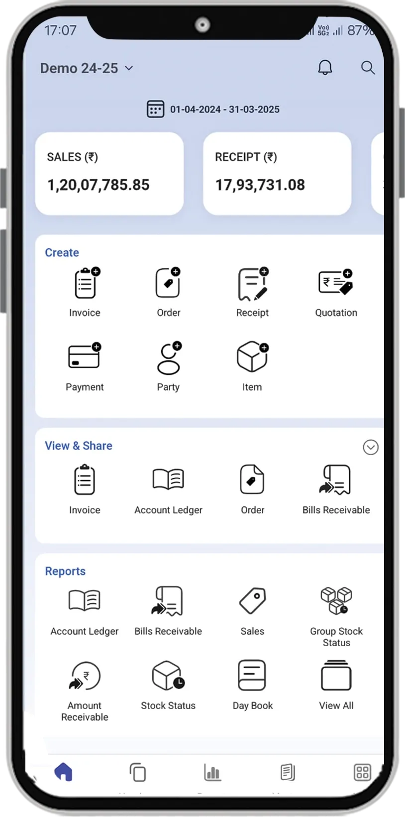 BUSY mobile app showing reports and transaction shortcuts