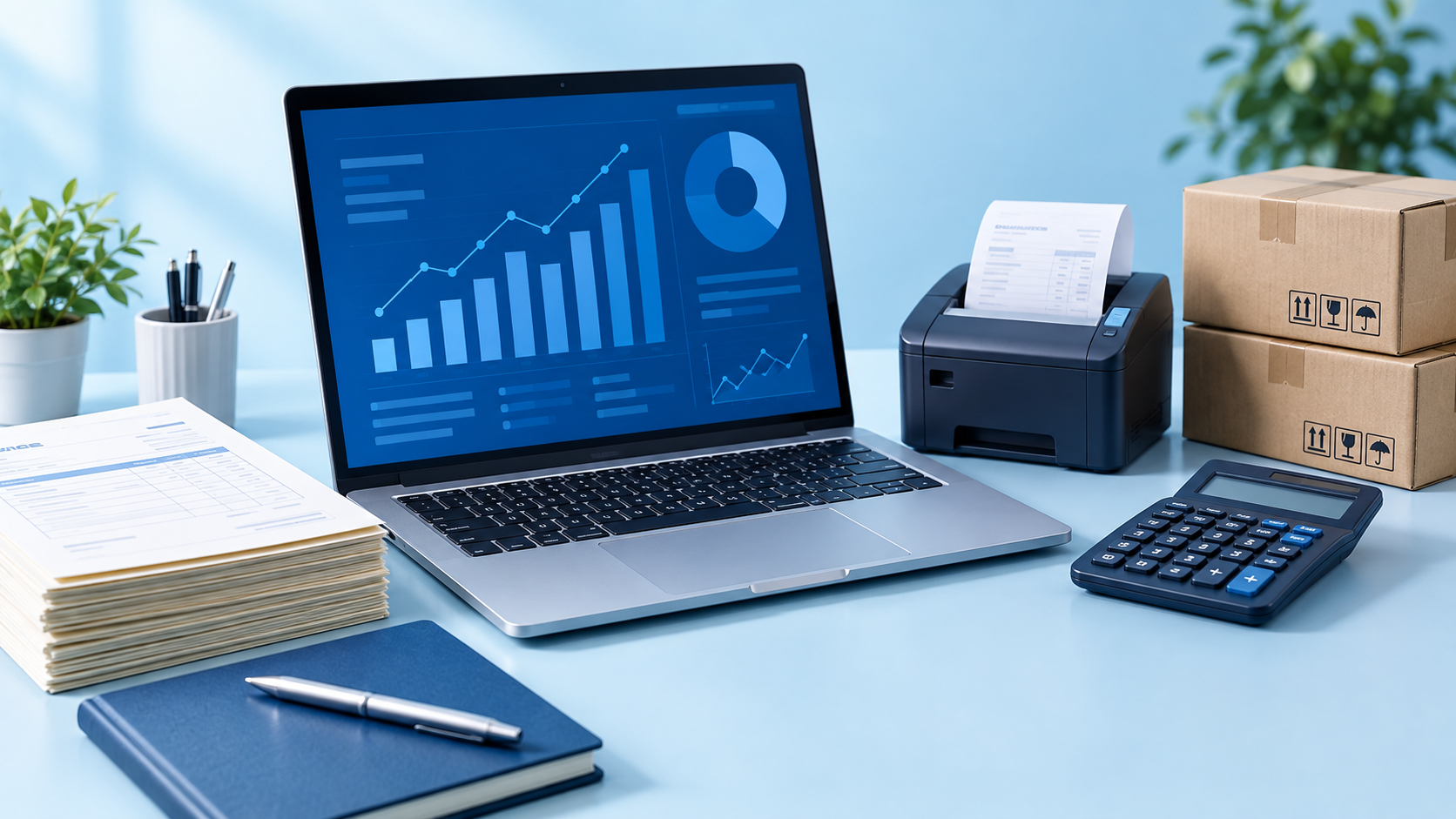 Conceptual accounting workspace with laptop, invoices and inventory